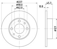 HELLA PAGID 8DD355100361 - Lado de montaje: Eje trasero<br>Sistema de frenos: Bendix<br>Tipo de disco de frenos: macizo<br>Número de orificios: 4<br>Homologación: E1 90R-02C0967/2533<br>Superficie: aceitado<br>Diámetro exterior [mm]: 227<br>Espesor de disco de frenos [mm]: 11<br>Espesor mínimo [mm]: 9<br>Diámetro de centrado [mm]: 61,7<br>Altura [mm]: 45,8<br>