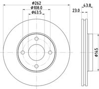 HELLA PAGID 8DD355126601 - Espesor de disco de frenos [mm]: 23<br>Llanta, nº de taladros: 4<br>Espesor [mm]: 43,7<br>Diámetro exterior [mm]: 262<br>corona de agujeros - Ø [mm]: 108<br>Superficie: revestido<br>Tipo de disco de frenos: ventilación interna<br>Lado de montaje: Eje delantero<br>Espesor mínimo [mm]: 21<br>Diámetro de centrado [mm]: 63,6<br>Peso [kg]: 5,92<br>