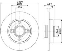 HELLA PAGID 8DD355123281 - Lado de montaje: Eje trasero<br>Restricción de fabricante: Lucas<br>Tipo de disco de frenos: macizo<br>Diámetro exterior [mm]: 247<br>Espesor de disco de frenos [mm]: 9<br>Altura [mm]: 35,1<br>Espesor mínimo [mm]: 8<br>Superficie: revestido<br>Diámetro interior [mm]: 133,2<br>corona de agujeros - Ø [mm]: 108<br>Diámetro de centrado [mm]: 71,1<br>Diseño/cantidad de taladros: 04/06<br>Diámetro de orificio para perno de rueda [mm]: 13<br>Artículo complementario / información complementaria 2: sin buje de rueda<br>Artículo complementario / información complementaria 2: sin cojinete rueda<br>Artículo complementario / información complementaria 2: sin perno de sujeción de rueda<br>Peso [kg]: 3,1<br>Nº de información técnica: 50366PRO<br>