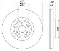 HELLA PAGID 8DD355135201 - Lado de montaje: Eje trasero<br>Tipo de disco de frenos: ventilación interna<br>Diámetro exterior [mm]: 345<br>Espesor de disco de frenos [mm]: 22<br>Altura [mm]: 54,1<br>Espesor mínimo [mm]: 19,4<br>Procesamiento: altamente carbonizado<br>Superficie: revestido<br>Diámetro interior [mm]: 178<br>corona de agujeros - Ø [mm]: 112<br>Diámetro de centrado [mm]: 67<br>Diseño/cantidad de taladros: 05/06<br>Diámetro de orificio para perno de rueda [mm]: 16,3<br>Artículo complementario / información complementaria 2: sin buje de rueda<br>Artículo complementario / información complementaria 2: sin cojinete rueda<br>Artículo complementario / información complementaria 2: sin perno de sujeción de rueda<br>Peso [kg]: 8,8<br>Nº de información técnica: 56070PRO_HC<br>