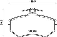 HELLA PAGID 8DB355017701 - N.º de chasis (VIN) desde: 89-H-300 001<br>Longitud [mm]: 119,3<br>Ancho [mm]: 69,6<br>Homologación: ECE R90 Approved<br>Lado de montaje: Eje delantero<br>Espesor/grosor 1 [mm]: 19,4<br>Contacto avisador de desgaste: excl. contacto de avisador de desgaste<br>Peso [kg]: 1,2<br>Artículo complementario / información complementaria 2: con tornillos<br>