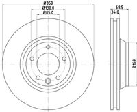 HELLA PAGID 8DD355128071 - Lado de montaje: Eje delantero, izquierda<br>Número de PR: 1LF<br>Tipo de disco de frenos: ventilación interna<br>Referencia artículo par: 8DD 355 128-071<br>Diámetro exterior [mm]: 350<br>Espesor de disco de frenos [mm]: 34<br>Altura [mm]: 68,5<br>Espesor mínimo [mm]: 32<br>Procesamiento: altamente carbonizado<br>Superficie: revestido<br>Diámetro interior [mm]: 157,1<br>corona de agujeros - Ø [mm]: 130<br>Diámetro de centrado [mm]: 85<br>Diseño/cantidad de taladros: 05/06<br>Diámetro de orificio para perno de rueda [mm]: 15,4<br>Artículo complementario / información complementaria 2: sin buje de rueda<br>Artículo complementario / información complementaria 2: sin cojinete rueda<br>Artículo complementario / información complementaria 2: sin perno de sujeción de rueda<br>Artículo complementario / información complementaria 2: con tornillos<br>cantidad de tornillos: 1<br>Peso [kg]: 12,1<br>Nº de información técnica: 54217PRO_HC<br>