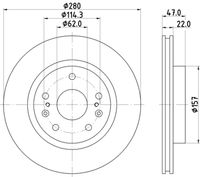 HELLA PAGID 8DD355120521 - Espesor de disco de frenos [mm]: 9<br>Llanta, nº de taladros: 5<br>Cantidad de agujeros de fijación: 3<br>Espesor [mm]: 43,2<br>Diámetro exterior [mm]: 259<br>corona de agujeros - Ø [mm]: 114,3<br>Superficie: revestido<br>Tipo de disco de frenos: macizo<br>Lado de montaje: Eje trasero<br>Espesor mínimo [mm]: 8<br>Diámetro de centrado [mm]: 62<br>Peso [kg]: 3,770<br>