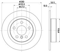 HELLA PAGID 8DD355122661 - Espesor de disco de frenos [mm]: 24<br>Llanta, nº de taladros: 5<br>Cantidad de agujeros de fijación: 1<br>Espesor [mm]: 45,2<br>Diámetro exterior [mm]: 330<br>corona de agujeros - Ø [mm]: 112<br>Superficie: revestido<br>Tipo de disco de frenos: ventilación interna<br>Lado de montaje: Eje delantero<br>Espesor mínimo [mm]: 22,4<br>Diámetro de centrado [mm]: 67<br>Peso [kg]: 9,16<br>