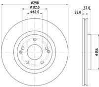 HELLA PAGID 8DD355134171 - Lado de montaje: Eje delantero<br>Tipo de disco de frenos: ventilado<br>Número de orificios: 5<br>Homologación: E1 90R-02C0277/2171<br>Superficie: revestido<br>Procesamiento: altamente carbonizado<br>Diámetro exterior [mm]: 298<br>Espesor de disco de frenos [mm]: 23<br>Espesor mínimo [mm]: 21,4<br>Diámetro de centrado [mm]: 67<br>Altura [mm]: 37<br>