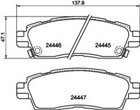 HELLA PAGID 8DB355012821 - Lado de montaje: Eje trasero<br>Contacto avisador de desgaste: con avisador acústico de desgaste<br>Artículo complementario / información complementaria 2: Chapa antichirridos<br>Material: Low-Metallic<br>Homologación: ECE-R90<br>Número de WVA: 24445<br>Espesor [mm]: 18,1<br>Ancho [mm]: 137,9<br>Altura [mm]: 47,1<br>