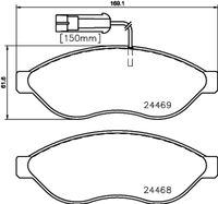 HELLA PAGID 8DB355020661 - Lado de montaje: Eje delantero<br>Código de carga útil: 12Q<br>Tipo de vehículo: 500<br>Ancho [mm]: 169,1<br>Altura [mm]: 61,6<br>Espesor [mm]: 19<br>Contacto avisador de desgaste: con contacto de aviso de desgaste incorporado<br>Número de indicadores de desgaste [por eje]: 2<br>Artículo complementario / información complementaria 2: con tornillos pinza freno<br>Artículo complementario/Información complementaria: con accesorios<br>Número de WVA: 24469<br>Sistema de frenos: Brembo<br>Nº de información técnica: T2264<br>