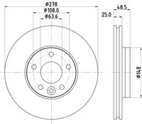 HELLA PAGID 8DD355126561 - Lado de montaje: Eje delantero<br>Tamaño freno: 16,5"<br>Tipo de disco de frenos: ventilación interna<br>Diámetro exterior [mm]: 320<br>Espesor de disco de frenos [mm]: 25<br>Altura [mm]: 48,9<br>Espesor mínimo [mm]: 23<br>Superficie: revestido<br>Diámetro interior [mm]: 147,8<br>corona de agujeros - Ø [mm]: 108<br>Diámetro de centrado [mm]: 63,6<br>Diseño/cantidad de taladros: 05/06<br>Diámetro de orificio para perno de rueda [mm]: 13,8<br>Artículo complementario / información complementaria 2: sin buje de rueda<br>Artículo complementario / información complementaria 2: sin cojinete rueda<br>Artículo complementario / información complementaria 2: sin perno de sujeción de rueda<br>Peso [kg]: 8,8<br>Nº de información técnica: 55821PRO<br>