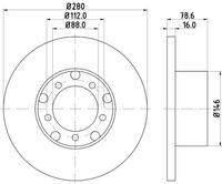 HELLA PAGID 8DD355100201 - Garantía: 2 años de garantía<br>corona de agujeros - Ø [mm]: 112<br>Lado de montaje: Eje delantero<br>peso [g]: 6940<br>Número de orificios: 5<br>Diámetro de centrado [mm]: 88<br>Espesor mínimo [mm]: 13<br>Altura [mm]: 78,7<br>para OE N°: 601 420 0272<br>Espesor de disco de frenos [mm]: 16<br>Tipo de disco de frenos: macizo<br>Diámetro exterior [mm]: 280<br>