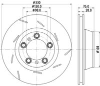 HELLA PAGID 8DD355133601 - año construcción hasta: 12/2021<br>Lado de montaje: Eje trasero, derecha<br>Frenos: no para discos de freno cerámica/carbono<br>Número de PR: A8F<br>Número de PR: 0J2<br>Diámetro exterior [mm]: 330<br>Espesor de disco de frenos [mm]: 28<br>Espesor mínimo [mm]: 26<br>Altura [mm]: 75,1<br>corona de agujeros - Ø [mm]: 130<br>Tipo de disco de frenos: ranurado<br>Tipo de disco de frenos: ventilado<br>Diámetro de centrado [mm]: 98<br>Número de orificios: 5<br>Superficie: revestido<br>Procesamiento: altamente carbonizado<br>cumple norma ECE: ECE-R90<br>Diámetro de taladro hasta [mm]: 15,4<br>Referencia artículo par: 0 986 479 732<br>