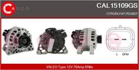 CASCO CAL15109GS - año construcción desde: 09/2000<br>Equipamiento de vehículo: para vehículos sin aire acondicionado<br>Tensión [V]: 12<br>Corriente de carga alternador [A]: 70<br>Restricción de fabricante: VALEO<br>ID del modelo de conector: CPA0196<br>Número de nervaduras: 6<br>poleas - Ø [mm]: 54<br>Pinza: M8<br>Poleas: con polea para correa poli V<br>Artículo complementario/Información complementaria: con regulador incorporado<br>peso [g]: 4800<br>Cant. taladros roscados: 2<br>Versión: AS<br>Cantidad de agujeros de fijación: 4<br>Fabricante: CITROËN<br>Fabricante: PEUGEOT<br>