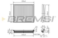 BREMSI FA2325 - Tipo de filtro: Cartucho filtrante<br>Longitud [mm]: 261<br>Ancho [mm]: 233<br>Altura [mm]: 38<br>Peso [kg]: 0,24<br>