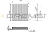 BREMSI FC2562A - Tipo de filtro: Filtro de carbón activado<br>Longitud [mm]: 256<br>Ancho [mm]: 230<br>Altura [mm]: 38<br>