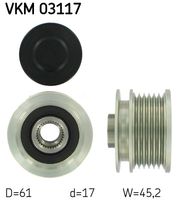 SKF VKM03117 - Corriente de carga alternador [A]: 150<br>Restricción de fabricante: Valeo<br>Nº art. herramienta recomendada: VKN 350<br>para generador con número OE: 06B 903 016 AC<br>para n° fabricante: F-231142.XX<br>Ancho [mm]: 35,4<br>Número de nervaduras: 6<br>Diámetro interior [mm]: 17<br>Diámetro exterior [mm]: 61<br>Artículo complementario / información complementaria 2: se requiere herramiente especial para montaje<br>