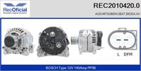 RECOFICIAL 20104200 - para OE N°: 06F 903 023<br>Tensión [V]: 14<br>Corriente de carga alternador [A]: 140<br>ID del modelo de conector: B+,L,DFM<br>Cantidad de agujeros de fijación: 2<br>Número de canales: 6<br>Poleas: con polea de rueda libre<br>poleas - Ø [mm]: 56<br>Sentido de giro: Sentido de giro a la derecha (horario)<br>