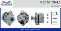 RECOFICIAL 20105180 - Tensión [V]: 12<br>Corriente de carga alternador [A]: 65<br>Restricción de fabricante: BOSCH<br>ID del modelo de conector: CPA0007<br>Número de nervaduras: 1<br>poleas - Ø [mm]: 80<br>Poleas: con polea<br>Versión: RC<br>Cantidad de agujeros de fijación: 2<br>Fabricante: AUDI<br>Fabricante: SKODA<br>Fabricante: VW<br>