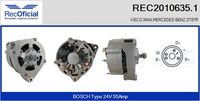 RECOFICIAL 20106351 - año construcción desde: 07/1991<br>Código de motor: KHD-BF8L513<br>Tensión [V]: 24<br>Corriente de carga alternador [A]: 55<br>ID del modelo de conector: CPA0138<br>Poleas: sin polea<br>Artículo complementario/Información complementaria: con regulador incorporado<br>Conexión / terminal/borne: con conexión para cuentarrevoluciones<br>Versión: .0<br>Cantidad de agujeros de fijación: 2<br>para fabricante volante: IVECO<br>