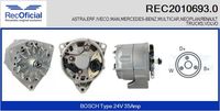 RECOFICIAL 20106930 - año construcción hasta: 12/2000<br>nº de motor desde: 453282<br>nº de motor hasta: 453281<br>apropiado para vehíc con corriente carga alternador [A]: 55<br>Tensión [V]: 24<br>Corriente de carga alternador [A]: 80<br>ID del modelo de conector: CPA0138<br>Número de nervaduras: 1<br>poleas - Ø [mm]: 84<br>Pinza: M8<br>Poleas: con polea<br>Artículo complementario/Información complementaria: con regulador incorporado<br>Conexión / terminal/borne: con conexión para cuentarrevoluciones<br>Versión: .3<br>Cantidad de agujeros de fijación: 3<br>para fabricante volante: IVECO<br>