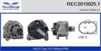 RECOFICIAL REC20150251 - Restricción de fabricante: Bosch<br>apropiado para vehíc con corriente carga alternador [A]: 110<br>Tensión [V]: 12<br>Corriente de carga alternador [A]: 110<br>ID del modelo de conector: CPA0239<br>Número de nervaduras: 6<br>poleas - Ø [mm]: 52<br>Equipamiento de vehículo: para vehículos con sistema Start&Stop<br>Poleas: con polea de rueda libre<br>Cant. taladros roscados: 2<br>Versión: .1<br>Cantidad de agujeros de fijación: 4<br>para fabricante volante: AUDI<br>