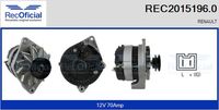 RECOFICIAL 20151960 - Tensión [V]: 12<br>Corriente de carga alternador [A]: 50<br>ID del modelo de conector: CPA0035<br>Número de nervaduras: 1<br>poleas - Ø [mm]: 67<br>Pinza: M6<br>Poleas: con polea<br>Artículo complementario/Información complementaria: con regulador incorporado<br>Versión: .2<br>Cantidad de agujeros de fijación: 2<br>para fabricante volante: RENAULT<br>