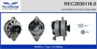 RECOFICIAL 20301160 - Tensión [V]: 12<br>Corriente de carga alternador [A]: 65<br>ID del modelo de conector: CPA0090<br>Número de nervaduras: 1<br>poleas - Ø [mm]: 90<br>Poleas: con polea<br>Artículo complementario/Información complementaria: con regulador incorporado<br>Versión: .5<br>Cantidad de agujeros de fijación: 3<br>para fabricante volante: ALFA ROMEO<br>para fabricante volante: FIAT<br>para fabricante volante: LANCIA<br>