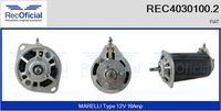 RECOFICIAL 40301002 - Tensión [V]: 12<br>Corriente de carga alternador [A]: 16<br>Restricción de fabricante: MARELLI<br>Poleas: sin polea<br>Versión: RC<br>Fabricante: FIAT<br>