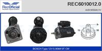 RECOFICIAL 60100120 - Código de motor: 4B<br>Código de motor: PH<br>Cant. taladros roscados: 2<br>Cantidad de agujeros de fijación: 2<br>Tensión [V]: 12<br>Potencia nominal [kW]: 1<br>Sentido de giro: Sentido de giro a la derecha (horario)<br>Número de dientes: 9<br>Diámetro de brida [mm]: 82<br>ID del modelo de conector: CPS0062<br>