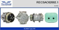 RECOFICIAL SAC620021 - Tensión [V]: 24<br>Restricción de fabricante: SANDEN<br>Número de nervaduras: 8<br>poleas - Ø [mm]: 123<br>Vehículo con dirección a la izquierda / derecha: para dirección izquierda/derecha<br>Poleas: polea correa poli V<br>peso [g]: 7400<br>Diámetro de brida [mm]: 119<br>ID compresor: SD7H15<br>Versión: .0<br>Cantidad de agujeros de fijación: 4<br>Agente frigorífico: R 134 a<br>para fabricante volante: SCANIA<br>