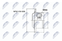 NTY NPW-VW-006 - Lado de montaje: lado de rueda<br>Lado de montaje: Eje delantero<br>Longitud [mm]: 91<br>Altura [mm]: 75<br>Peso [kg]: 2,32<br>Medida de rosca: 14x1,5x72<br>Dentado exterior, lado de rueda: 33<br>Dentado exterior, lado de diferencial: 30<br>Diámetro de junta tórica [mm]: 23<br>Número de dientes, anillo ABS: 45<br>Tipo de articulación: Junta homocinética a bolas<br>Long. de rosca [mm]: 72<br>Artículo complementario / información complementaria 2: con fuelle<br>Diám. int. 1 [mm]: 22<br>Diám. int. 2[mm]: 86<br>