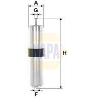 NAPA NFF2086 - Tipo de filtro: Filtro de tubería<br>Tipo de combustible: Gasóleo<br>Diámetro exterior [mm]: 55<br>Diámetro exterior 1 [mm]: 55<br>Ø entrada [mm]: 14<br>Ø salida [mm]: 8<br>Altura [mm]: 256<br>