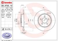 BREMBO 08A72510 - año construcción desde: 01/2011<br>Lado de montaje: Eje trasero<br>Diámetro exterior [mm]: 271<br>Espesor de disco de frenos [mm]: 11<br>Espesor mínimo [mm]: 9<br>Altura [mm]: 40,8<br>corona de agujeros - Ø [mm]: 108<br>Tipo de disco de frenos: macizo<br>Diámetro de centrado [mm]: 63,5<br>Número de orificios: 5<br>Superficie: aceitado<br>cumple norma ECE: ECE-R90<br>Diámetro de taladro hasta [mm]: 13,6<br>