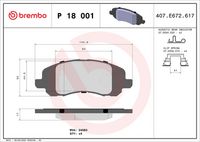 BREMBO P18001 - Lado de montaje: Eje trasero<br>Tipo de freno: Discos<br>Longitud [mm]: 106<br>Longitud 1 [mm]: 85,5<br>Altura [mm]: 35,2<br>Altura 1 [mm]: 40<br>Espesor [mm]: 15,5<br>Número de WVA: 24014<br>Homologación: ECE R90 APPROVED<br>