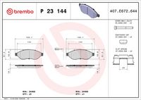 BREMBO P23144 - Lado de montaje: Eje delantero<br>Código de carga útil: 12Q<br>Ancho [mm]: 169<br>Espesor [mm]: 19<br>Altura [mm]: 62<br>Contacto avisador de desgaste: con contacto avisador de desgaste<br>Artículo complementario/Información complementaria: con accesorios<br>Sistema de frenos: Brembo<br>Longitud contacto de aviso [mm]: 135<br>Artículo complementario / información complementaria 2: con tornillos pinza freno<br>Número de indicadores de desgaste [por eje]: 2<br>Número de WVA: 24469<br>Número de WVA: 24468<br>