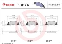 BREMBO P30042 - Lado de montaje: Eje delantero<br>Ancho [mm]: 137<br>Espesor [mm]: 17<br>Altura [mm]: 63<br>Contacto avisador de desgaste: con avisador acústico de desgaste<br>Artículo complementario/Información complementaria: sin accesorios<br>Sistema de frenos: Akebono<br>Número de indicadores de desgaste [por eje]: 2<br>Número de WVA: 24031<br>Número de WVA: 24032<br>Número de WVA: 24033<br>