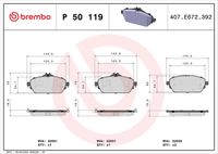 BREMBO P50119 - Lado de montaje: Eje delantero<br>Equipamiento de vehículo: para vehículos sin paquete sport<br>Material: Low-Metallic<br>Homologación: ECE-R90<br>Número de WVA: 25534<br>Espesor [mm]: 19,5<br>Ancho [mm]: 144<br>Altura 1 [mm]: 60,2<br>Altura 2 [mm]: 70<br>