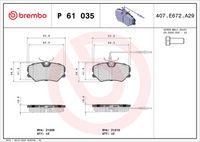 BREMBO P61035 - Lado de montaje: Eje delantero<br>Tipo de disco de frenos: macizo<br>Contacto avisador de desgaste: con contacto avisador de desgaste<br>Artículo complementario / información complementaria 2: Chapa antichirridos<br>Material: Low-Metallic<br>Homologación: ECE-R90<br>Número de WVA: 20905<br>Espesor [mm]: 17,8<br>Ancho [mm]: 92,2<br>Altura [mm]: 53,7<br>Sistema de frenos: Bosch<br>