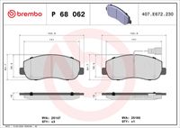 BREMBO P68062 - año construcción desde: 09/2014<br>año construcción hasta: 11/2019<br>Lado de montaje: Eje delantero<br>Material: Low-Metallic<br>Espesor [mm]: 18<br>Ancho [mm]: 163,6<br>Altura [mm]: 64,9<br>