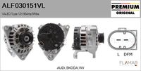 FLAMAR ALF030151VL - Tensión [V]: 12<br>Corriente de carga alternador [A]: 90<br>Restricción de fabricante: VALEO<br>ID del modelo de conector: CPA0155<br>Número de nervaduras: 5<br>poleas - Ø [mm]: 56<br>Pinza: M8<br>Poleas: con polea para correa poli V<br>Artículo complementario/Información complementaria: con regulador incorporado<br>Cant. taladros roscados: 1<br>Versión: HQ<br>Cantidad de agujeros de fijación: 3<br>Fabricante: AUDI<br>Fabricante: VW<br>