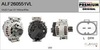 FLAMAR ALF260551VL - Tensión [V]: 12<br>Corriente de carga alternador [A]: 180<br>Restricción de fabricante: VALEO<br>ID del modelo de conector: CPA0155<br>Número de nervaduras: 6<br>poleas - Ø [mm]: 56<br>Pinza: M8<br>Poleas: con polea de rueda libre<br>Cantidad de agujeros de fijación: 4<br>Fabricante: VW<br>