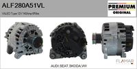 FLAMAR ALF280A51VL - Tensión [V]: 12<br>Corriente de carga alternador [A]: 140<br>Restricción de fabricante: VALEO<br>ID del modelo de conector: CPA0239<br>Número de nervaduras: 6<br>poleas - Ø [mm]: 52<br>Pinza: M8<br>Poleas: con polea de rueda libre<br>peso [g]: 7500<br>Cant. taladros roscados: 2<br>Versión: HQ<br>Cantidad de agujeros de fijación: 4<br>Fabricante: AUDI<br>Fabricante: SEAT<br>Fabricante: SKODA<br>Fabricante: VW<br>