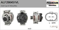 FLAMAR ALF290451VL - Tensión [V]: 12<br>Corriente de carga alternador [A]: 150<br>Restricción de fabricante: VALEO<br>ID del modelo de conector: CPA0155<br>Número de nervaduras: 6<br>poleas - Ø [mm]: 56<br>Pinza: M8<br>Poleas: con polea de rueda libre<br>peso [g]: 7720<br>Versión: HQ<br>Fabricante: AUDI<br>