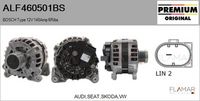 FLAMAR ALF460501BS - Tensión [V]: 12<br>Corriente de carga alternador [A]: 140<br>Restricción de fabricante: BOSCH<br>Número de nervaduras: 5<br>poleas - Ø [mm]: 56<br>Pinza: M8<br>Poleas: con polea de rueda libre<br>peso [g]: 6700<br>Cant. taladros roscados: 2<br>Cantidad de agujeros de fijación: 4<br>Fabricante: AUDI<br>