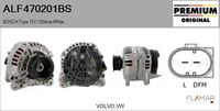 FLAMAR ALF470201BS - Tensión [V]: 12<br>Corriente de carga alternador [A]: 90<br>Restricción de fabricante: BOSCH<br>ID del modelo de conector: CPA0155<br>Número de nervaduras: 6<br>poleas - Ø [mm]: 54<br>Pinza: M8<br>Poleas: con polea de rueda libre<br>Artículo complementario/Información complementaria: con regulador incorporado<br>Cant. taladros roscados: 2<br>Versión: HQ<br>Cantidad de agujeros de fijación: 4<br>Fabricante: AUDI<br>Fabricante: SEAT<br>Fabricante: VW<br>