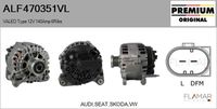 FLAMAR ALF470351VL - Tensión [V]: 12<br>Corriente de carga alternador [A]: 140<br>Restricción de fabricante: VALEO<br>ID del modelo de conector: CPA0155<br>Número de nervaduras: 6<br>poleas - Ø [mm]: 49<br>Pinza: M8 B+<br>Poleas: con polea de rueda libre<br>peso [g]: 7000<br>Cant. taladros roscados: 2<br>Versión: HQ<br>Cantidad de agujeros de fijación: 4<br>Fabricante: AUDI<br>Fabricante: VW<br>