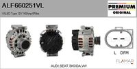 FLAMAR ALF660251VL - Tensión [V]: 12<br>Corriente de carga alternador [A]: 140<br>Restricción de fabricante: VALEO<br>ID del modelo de conector: CPA0155<br>Número de nervaduras: 6<br>poleas - Ø [mm]: 56<br>Pinza: M8<br>Poleas: con polea de rueda libre<br>Artículo complementario/Información complementaria: con regulador incorporado<br>peso [g]: 6500<br>Versión: HQ<br>Fabricante: AUDI<br>