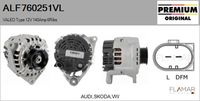 FLAMAR ALF760251VL - Tensión [V]: 12<br>Corriente de carga alternador [A]: 140<br>Restricción de fabricante: VALEO<br>ID del modelo de conector: CPA0155<br>Número de nervaduras: 6<br>poleas - Ø [mm]: 65<br>Pinza: M8<br>Poleas: con polea para correa poli V<br>Artículo complementario/Información complementaria: con regulador incorporado<br>Cant. taladros roscados: 1<br>Versión: HQ<br>Cantidad de agujeros de fijación: 3<br>Fabricante: AUDI<br>