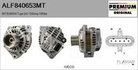 FLAMAR ALF840653MT - Tensión [V]: 24<br>Corriente de carga alternador [A]: 90<br>Restricción de fabricante: BOSCH<br>ID del modelo de conector: CPA0114<br>Número de nervaduras: 10<br>poleas - Ø [mm]: 62<br>Poleas: con polea para correa poli V<br>Artículo complementario/Información complementaria: con regulador incorporado<br>Cant. taladros roscados: 1<br>Versión: HQ<br>Cantidad de agujeros de fijación: 2<br>Fabricante: IVECO<br>