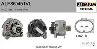 FLAMAR ALF860451VL - Tensión [V]: 12<br>Corriente de carga alternador [A]: 140<br>Restricción de fabricante: VALEO<br>ID del modelo de conector: CPA0222<br>Número de nervaduras: 6<br>Poleas: con polea de rueda libre<br>Artículo complementario/Información complementaria: con regulador incorporado<br>peso [g]: 6500<br>Versión: HQ<br>Fabricante: AUDI<br>Fabricante: SEAT<br>Fabricante: SKODA<br>Fabricante: VW<br>