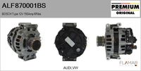 FLAMAR ALF870001BS - Código de motor: CZPB<br>Restricción de fabricante: Bosch<br>Tensión [V]: 12<br>Corriente de carga alternador [A]: 150<br>Restricción de fabricante: BOSCH<br>Número de nervaduras: 6<br>poleas - Ø [mm]: 56<br>Pinza: M8<br>Poleas: con polea de rueda libre<br>peso [g]: 7200<br>Cantidad de agujeros de fijación: 4<br>Fabricante: AUDI<br>Fabricante: VW<br>