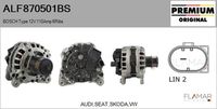 FLAMAR ALF870501BS - año construcción desde: 09/2016<br>año construcción hasta: 10/2016<br>Restricción de fabricante: Bosch<br>apropiado para vehíc con corriente carga alternador [A]: 140<br>Tensión [V]: 12<br>Corriente de carga alternador [A]: 140<br>Restricción de fabricante: BOSCH<br>ID del modelo de conector: CPA0239<br>Número de nervaduras: 6<br>poleas - Ø [mm]: 52<br>Pinza: Morsetto<br>Poleas: con polea de rueda libre<br>Cant. taladros roscados: 2<br>Cantidad de agujeros de fijación: 4<br>Fabricante: AUDI<br>Fabricante: SEAT<br>Fabricante: SKODA<br>Fabricante: VW<br>